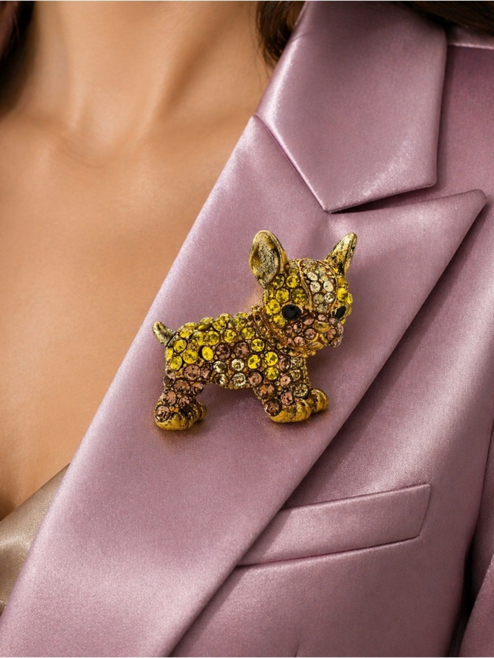 French Bulldog Amber Crystal Brooch